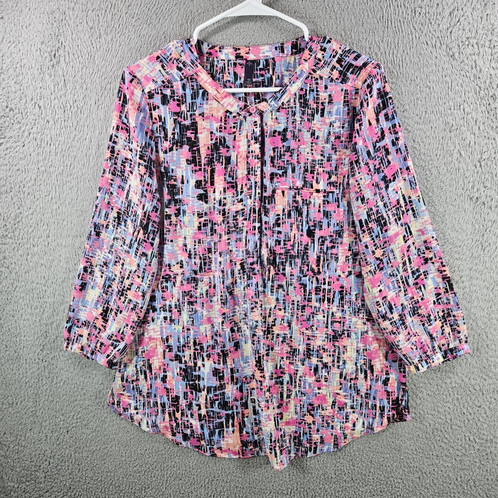 NYDJ Womens Pink Blue Abstract Print Pleated Back Blouse Top Size Medium